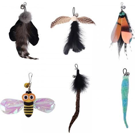 6 Pièces Têtes de Plumes de Jouet de Bricolage pour Chat,Tête de Remplacement de Canne a Pêche Teaser avec Cloches pour Canne a Pêche Teaser de Chat (Tige Non Incluse) (1/5)