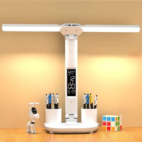 LED-Schreibtischlampe, USB-Tischleuchte mit zwei Leuchtenköpfen, dimmbarer Helligkeit, Stifthalter und Anzeige von Uhrzeit, Kalender und Temperatur.