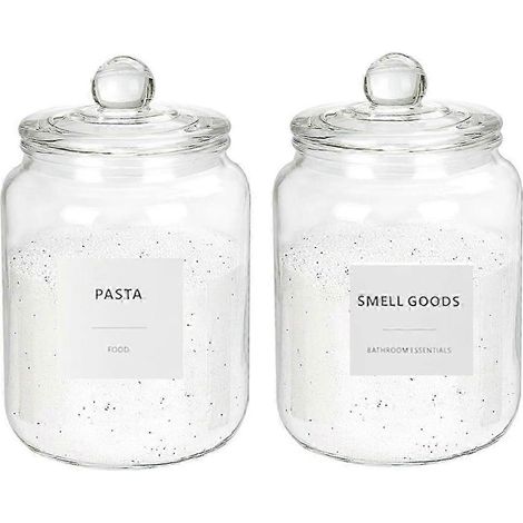 Lot de 2 bocaux en verre de 1,9 litre (67 oz) avec couvercles hermétiques pour lessive, farine et autres produits similaires. 24 étiquettes incluses (JP). (1/5)