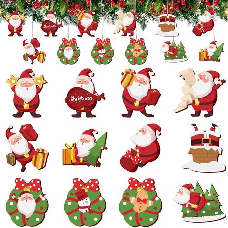 Lot de 24 décorations de Noël en bois représentant le Père Noël, 7,6 cm de haut - Décorations de sapin de Noël en vrac, ornements à suspendre pour la décoration intérieure des fêtes de fin d'année (1/5)