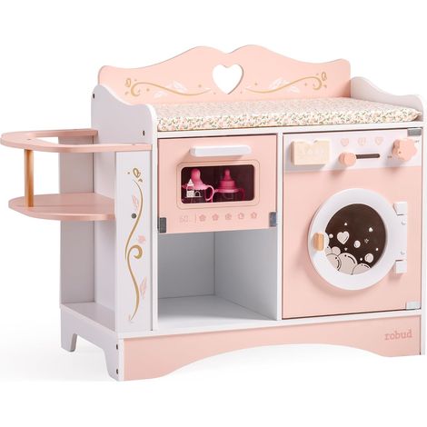 Poste à Langer pour poupées en Bois, Table à Langer pour poupées 4-en-1 avec Machine à Laver et stérilisateur de Bouteilles, Accessoires pour poupées de Moins de 20", Cadeau pour Enfants Rose
