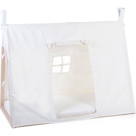 Toile/Tente de Lit Tipi Cabane pour Enfant Accroche Rubans sur le Tipi Petite fenêtre 100 pourcent Coton Lit Simple 70 x 140 cm Couleur Blanc (1/5)