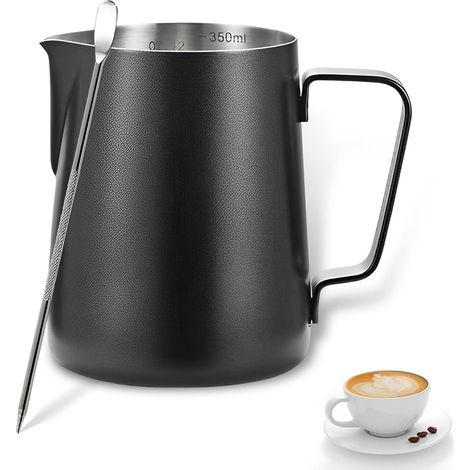 Edelstahl-Milchkännchen, Barista-Milchkännchen für Edelstahl-Kaffee, Milchschaum, Cappuccino und Latte (schwarz, 350 ml)