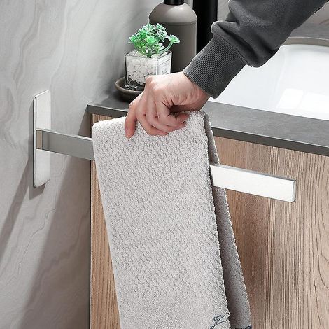 Portasciugamani senza foratura, colore argento, con un braccio in acciaio inox, montaggio a parete per bagno, portasciugamani autoadesivo (1/5)
