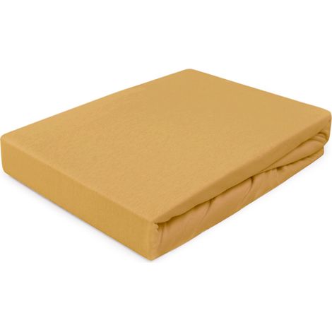 Sábana bajera ajustable de 140x200 cm, tejido elástico jersey 100% algodón, color amarillo oscuro. (1/5)