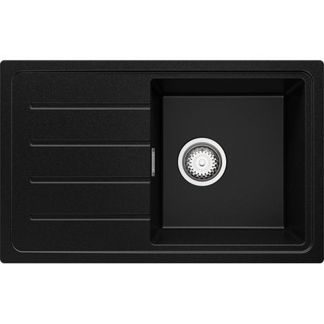 PRIMAGRAN Evier Cuisine en Granit 70x44cm, Lavabo 1 bac + Kit de Vidage, Évier à Encastrer au meuble 45cm - Copenhague Easy, Noir