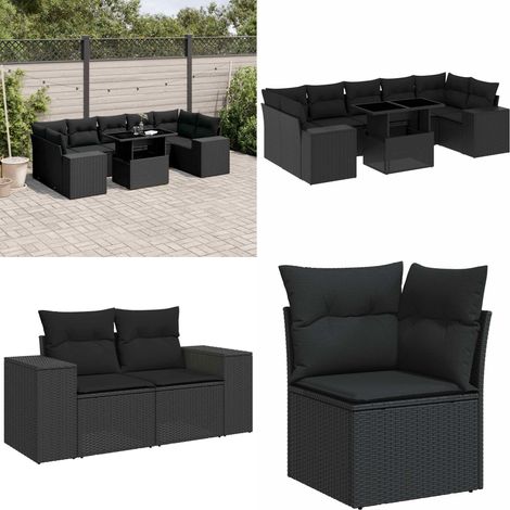 Salon de jardin 8 pcs avec coussins noir résine tressée - Ensemble Salon De Jardin - Meuble Extérieur - Jardin Design - Mobilier De Jardin - Chaise Longue - Home & Living (1/5)