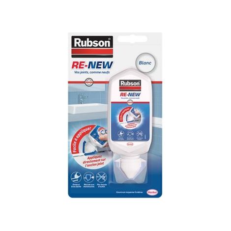 Rubson RE-NEW 80ml, mastic sanitaire blanc à base de silicone, s'applique sur le joint déjà existant, mastic étanche & anti-moisissures