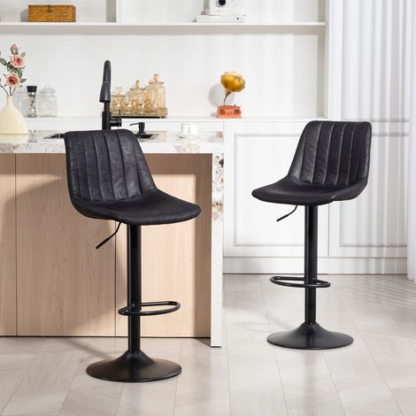 Lot de 2 tabourets de bar rétro, avec repose-pieds, hauteur réglable, vérin à gaz, noir (1/5)