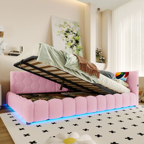 DESVIAE Lit banquette 140 x 200 cm avec sommier rangement hydraulique bande led usb type c velours rose (1/5)