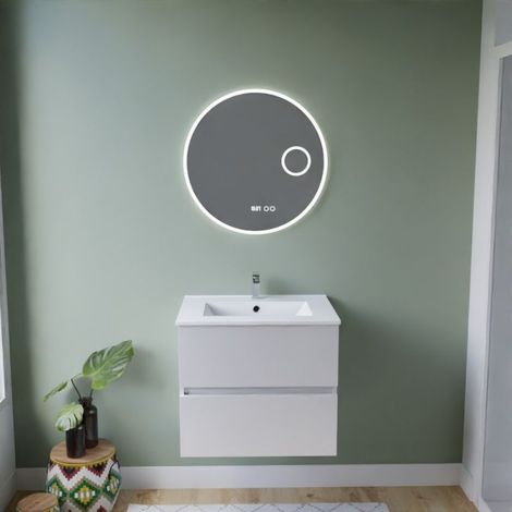 Meuble vasque ROSALY INOX 60 cm + miroir Rondinara- Blanc- Plan vasque en Céramique