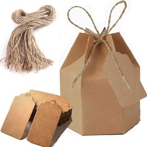 50 boîtes cadeaux hexagonales en papier kraft avec étiquettes et ficelle de jute pour mariage, anniversaire, fête (1/5)
