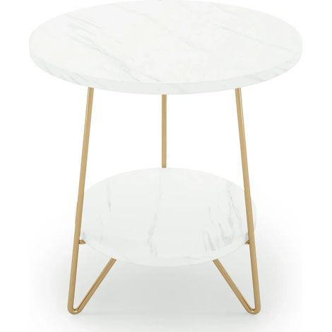 Table d'appoint ronde blanche en marbre artificiel avec deux niveaux et pieds métalliques dorés (1/5)