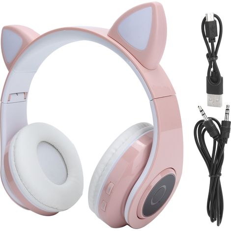 Casque audio stéréo Bluetooth 5.0 avec oreilles de chat lumineuses, motif rose circulaire, écouteurs mignons pour adolescents et jeunes (1/5)