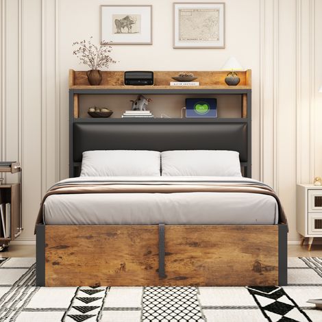 Cadre de lit 90x200 avec relevage hydraulique, prise USB, tête rembourrée, style vintage bois et métal, rangement intégré, lit une place, meuble chambre contemporain, noir (1/5)
