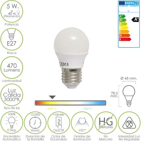 MAURER Ampoule Led Sphérique E27 5 W. -40 W. 470 lumens. Lumière chaude (3.000 °K), White