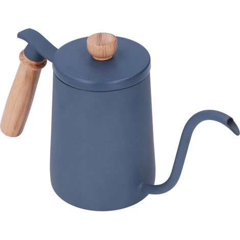 Bouilloire à filtre 600 ml, bec verseur en col de cygne, poignée en bois, acier inoxydable de qualité alimentaire, design ergonomique, bleue (1/5)