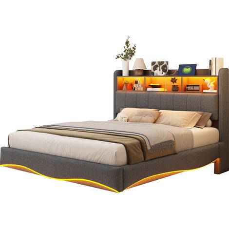 CAIziLit rembourré suspendu 140200 en tissu de lin, lit de rangement multifonction avec éclairage LED, ports USB et TYPE-C, gris (1/5)