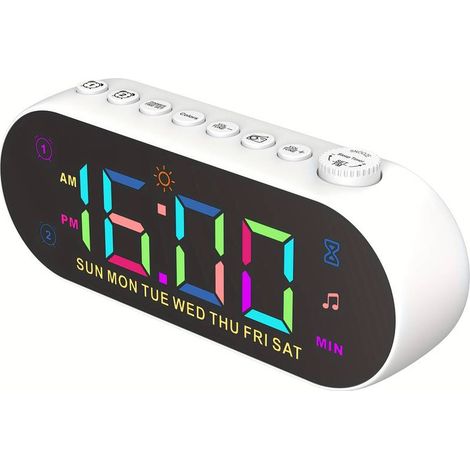 Radio-réveil numérique RGB avec surface miroir, luminosité et volume réglables, double alarme avec mode semaine/week-end