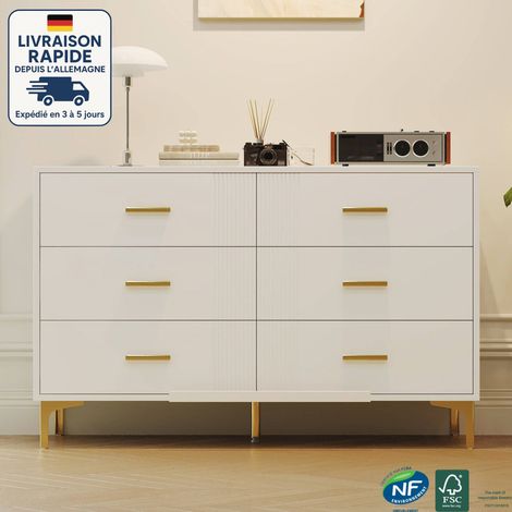 Commode à 6 tiroirs avec portes blanches, meuble de rangement pratique pour salon et chambre – 120x40x76 cm (1/5)