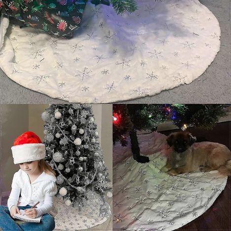 Falda para árbol de Navidad blanca de 48 pulgadas, de felpa, con estampado de copos de nieve, ideal para la decoración de fiestas navideñas (falda para árbol). (1/2)
