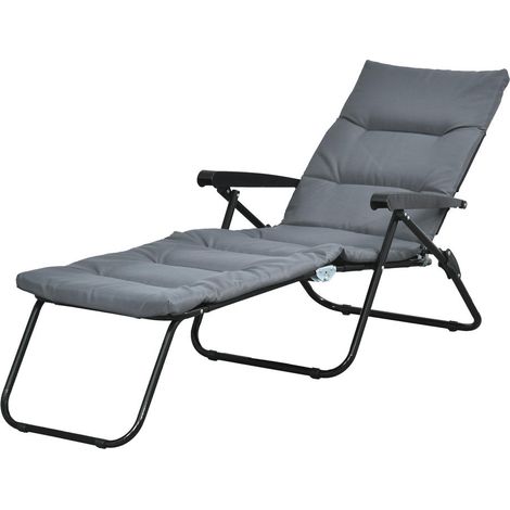 Pour terrasse jardin piscine transat bain de soleil grand confort pliable inclinable 6 positions avec matelas acier gris (1/5)