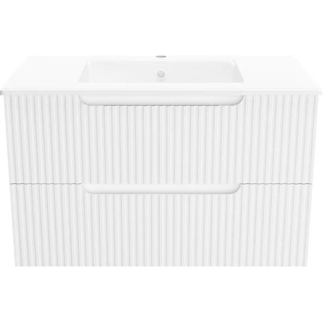 meuble de salle de bains leon 80cm blanc neige - 2 tiroirs en mdf ondulés - vasque à encastrer — vue 3