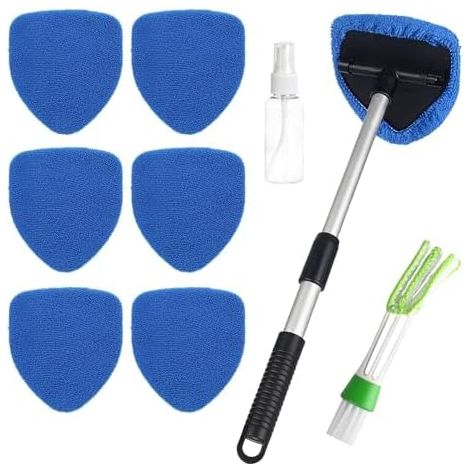 Kit Nettoyage Voiture, comprenant 6 tampons de nettoyage en microfibre, une brosse de climatisation et 1 flacon pulvérisateur poignée télescopique rotative à 180 degrés(Bleu) (1/5)