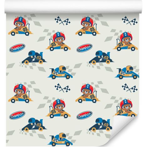 Papel pintado de coches de carreras y ositos de peluche para salón y dormitorio, 50x1000 cm. (1/5)