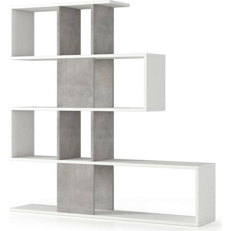 Dmora - Libreria Allison, Biblioteca bifacciali a 5 ripiani, Scaffale a zig zag per libri, Mobile da parete con ripiani, 100% Made in Italy, 145x29h145 cm, Bianco e Cemento (1/5)