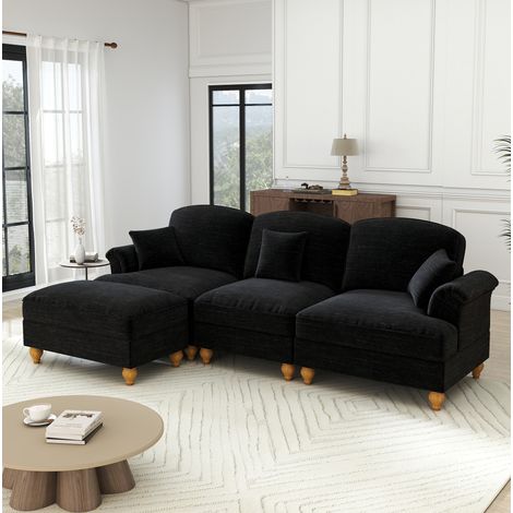 Divano angolare 3 posti in chenille nera con pouf mobile e gonna removibile, stile modulare (1/5)