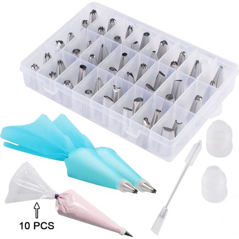 Douille À Glacer - Lot De 48 Douilles En Acier Inoxydable - Sac À Douille En Silicone Réutilisable - Embout Convertible - 10 Sachets Jetables - Brosse De Nettoyage - 63 Pièces