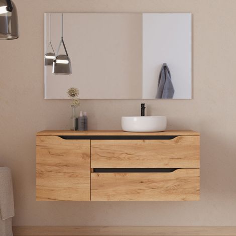 Meuble de salle de bain 120cm avec plateau, vasque à poser déportée à droite Ares et miroir - 2 tiroirs et un placard - roble (chêne clair) - ZARZA
