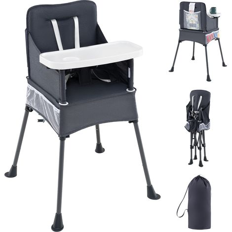 Chaise haute portable pour voyage pliable avec plateau réglable et poches en maille - gris (1/5)