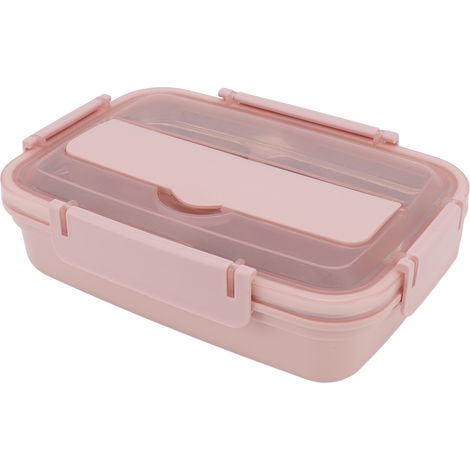 Boîte à lunch à 3 compartiments en acier inoxydable 304, cuillère et baguettes assorties en plastique, idéale pour le bureau (rose). (1/5)