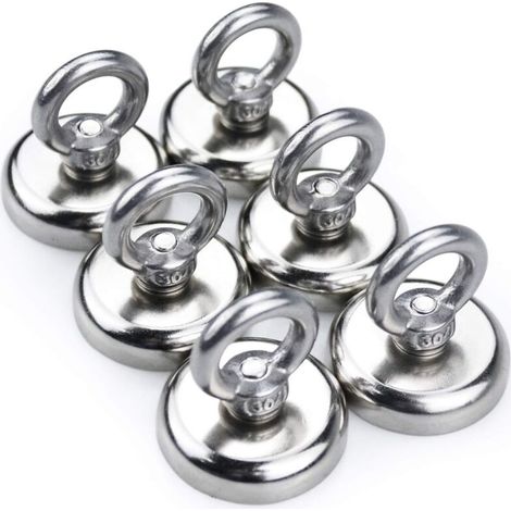 Lot de 6 aimants de pêche puissants en néodyme, force de traction de 50 kg, aimant en terres rares avec trou fraisé, diamètre de l'œillet : 36 mm, pour la récupération en rivière et la pêche magnétiqu (1/4)