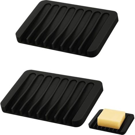 2-teiliges Seifenschalen-Set, Silikon-Seifenschale, Badezimmer-Seifenschale, schwarze Seifenschale, Silikon-Seifenschale mit Abfluss (1/4)