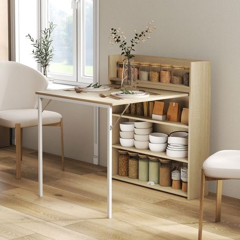 Table de salle à manger pliante avec étagère, design industriel, gain de place, idéale pour les petites pièces, 78,5 x 91 x 93 cm, chêne (1/5)