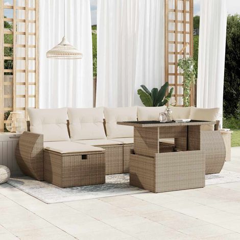 Set sofás de jardín 7 piezas y cojines ratán sintético beige vidaXL (1/5)