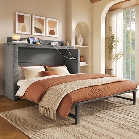 Cama abatible FloraGrace 140x200 cm de lino gris con almacenaje (1/5)