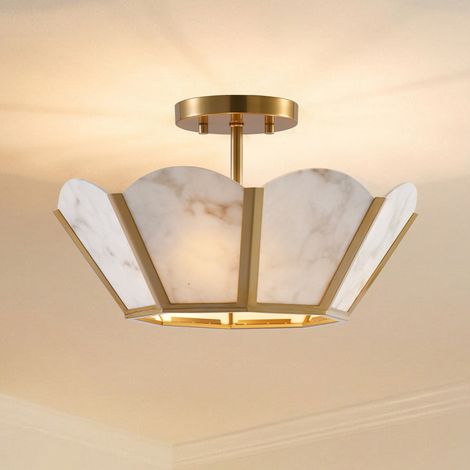 Parrot Uncle 38cm Gold Semi Flush Ceiling Light, Faux Alabaster Glass Ceiling Lamp, 3 x E14 Modern Ceiling Light for Living Room, Bedroom & Hallway (Bulbs Not Included) (1/5)