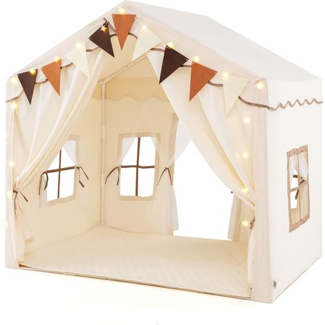 COSTWAY Kids Play Tent 3-4 Kids Large Play Tent House w/2 Opening Doors-Beige (1/5)