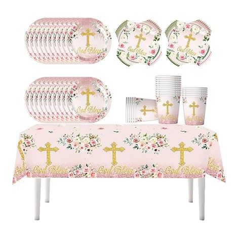 Vaisselle de Fleurs roses, Décoration de fête, Set de vaisselle d'anniversaire pour enfants, Communion Baptême Fête Assiettes en papier (1/5)