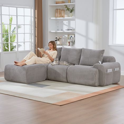 Canapé modulable 3 places avec pouf velours côtelé, canapé convertible avec rangement latéral pour salon et salle familiale, Gris clair