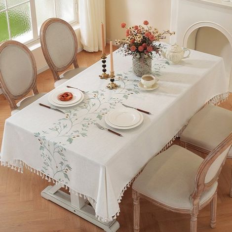 Tischdecke in Leinenoptik mit Blumenmuster und Fransen (140 x 200 cm) – Cremefarben, pflegeleicht, für Ess- und Couchtisch (1/5)