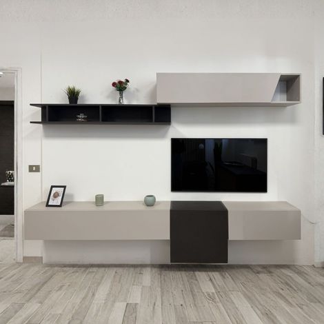 Parete attrezzata sospesa Glamour in cashmere e lava 262x30x200H (1/2)