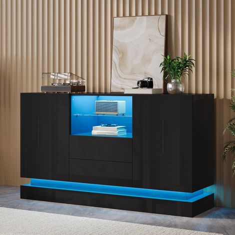 Aparador LED con 2 puertas, 2 cajones y nicho de cristal, 140 x 40 x 80 cm, negro, REDOM (1/5)