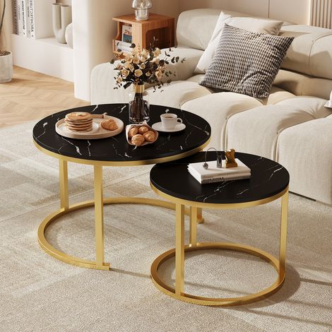 AUTHMIC – Lot de 2 tables basses gigognes rondes pour salon, chambre ou petit espace (effet marbre noir et finitions dorées) (1/5)