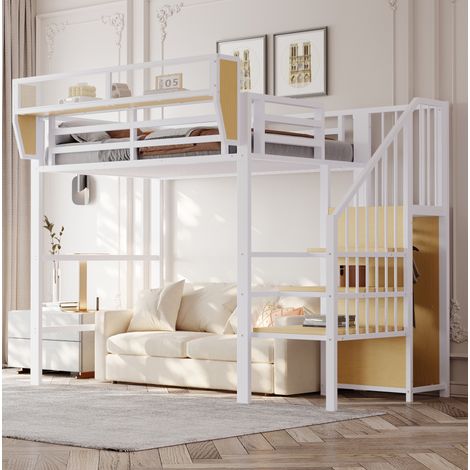 Cama alta metálica (255x95x191 cm), con escalera de seguridad, estante flexible, blanco (1/5)