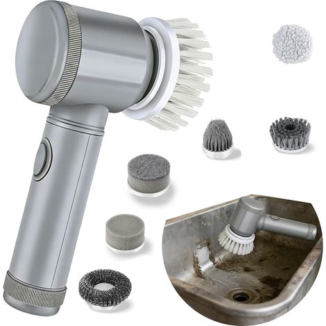 Cepillo giratorio eléctrico inalámbrico para establo y hogar – Limpiador potente con 5 cabezales (cepillos duros y suaves), resistente al agua IPX7 – Limpieza de cubos de agua para caballos, comederos (1/5)